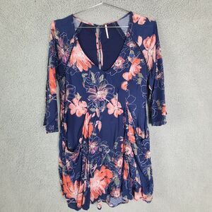Free People Eyes on You Floral Printed Long Sleeve Mini Dress Navy Blue Sz 6